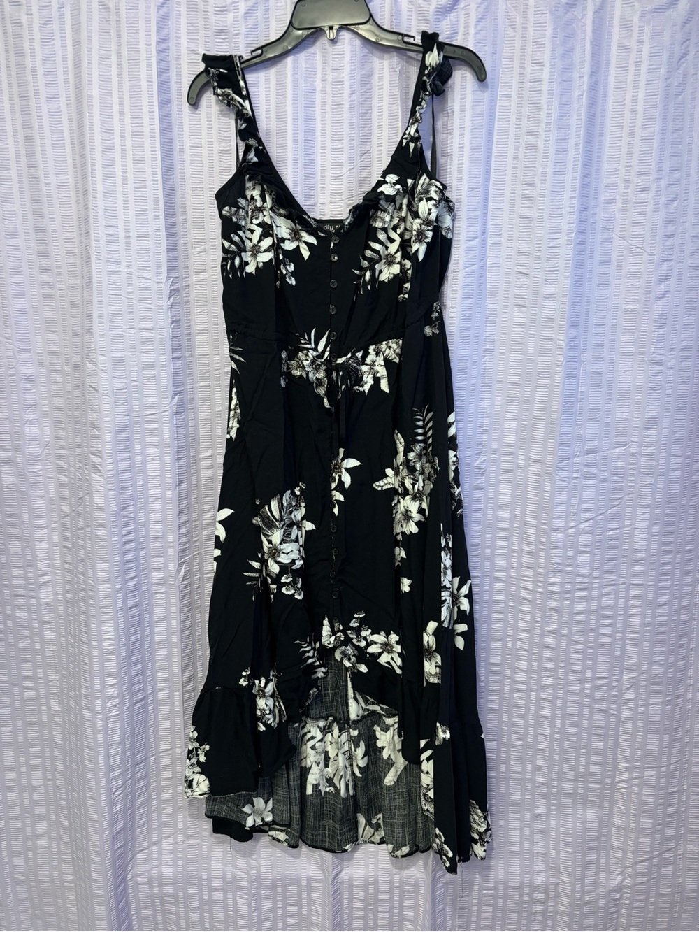 City Chic Black White Floral Ruffle Strap High Low Midi Dress Like New
